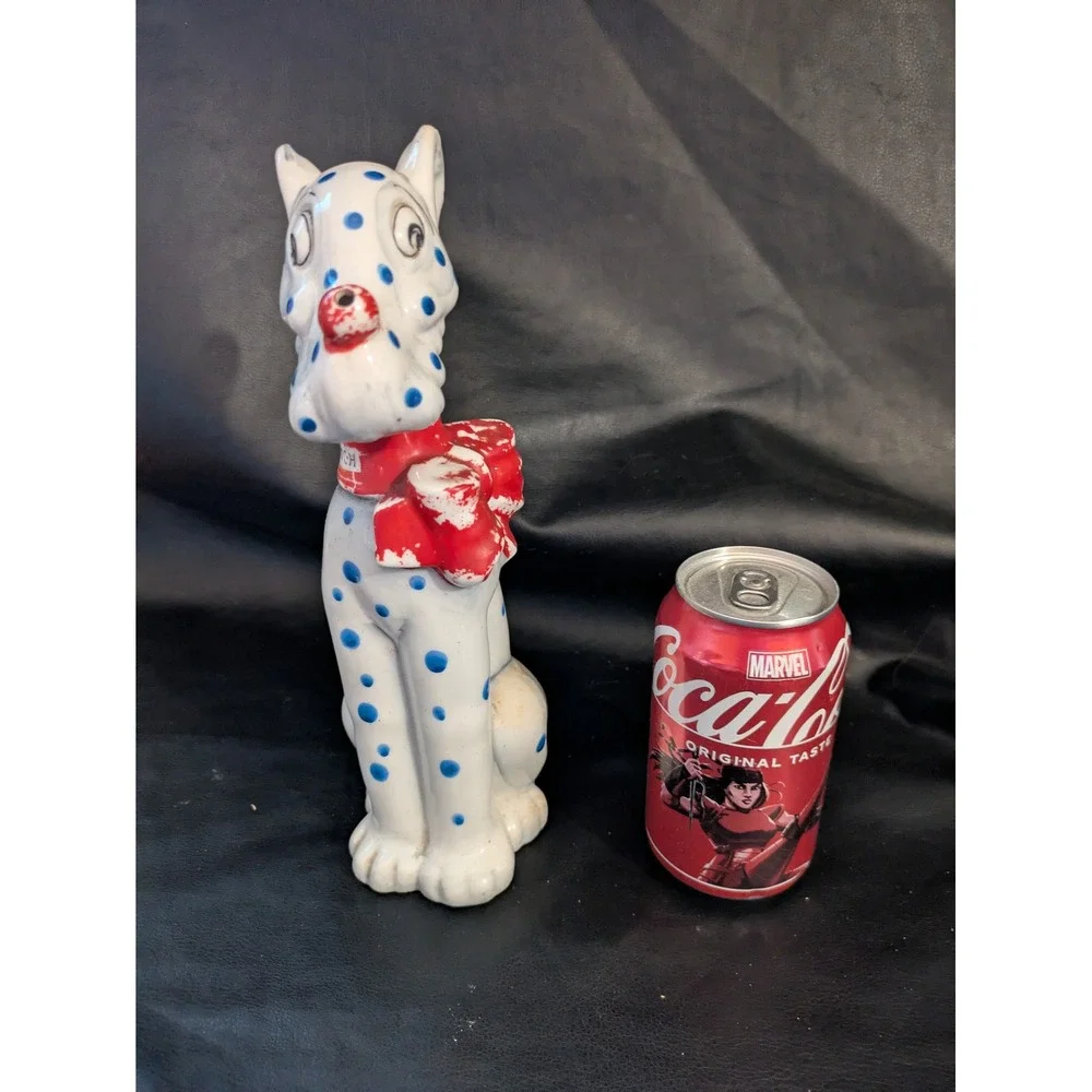 Blue Spotted Dog Scotch Ceramic Decanter Figurine Red Bow Stopper 8.5 In